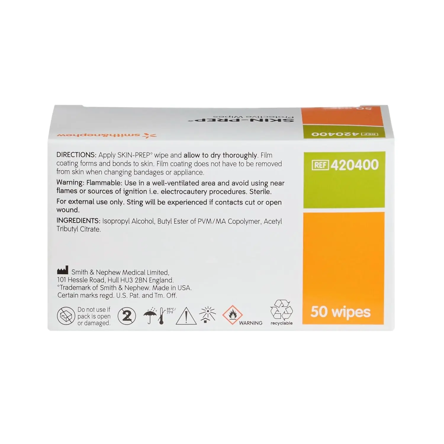 Image shows two packs of Smith & Nephew Skin-Prep protective wipes, each containing 50 wipes for skin preparation.