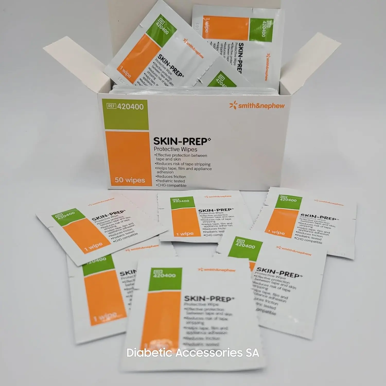 Image shows two packs of Smith & Nephew Skin-Prep protective wipes, each containing 50 wipes for skin preparation.
