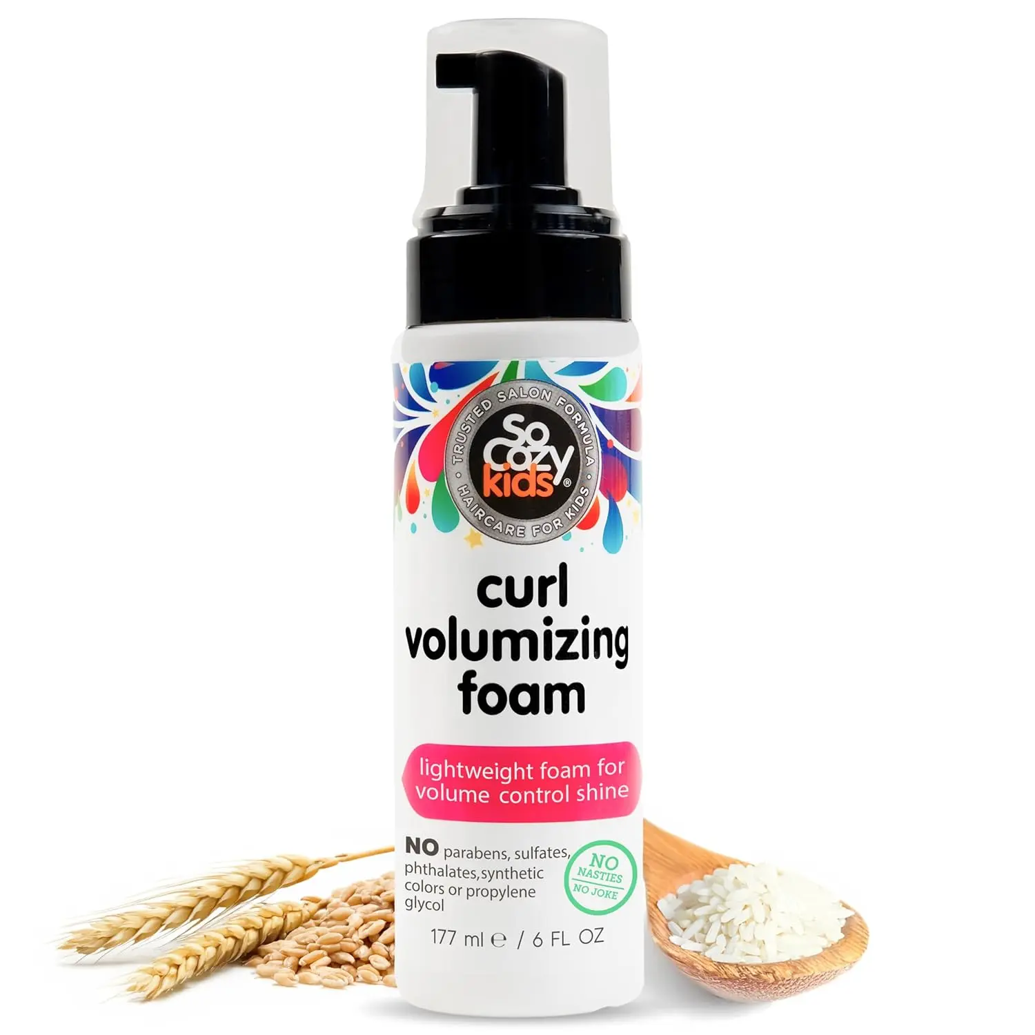 SoCozy curl volumizing foam provides lightweight control and conditioning for kid's curls, made with a salon formula free from nasty ingredients.