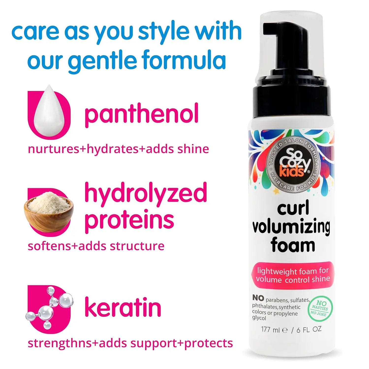SoCozy curl volumizing foam provides lightweight control and conditioning for kid's curls, made with a salon formula free from nasty ingredients.