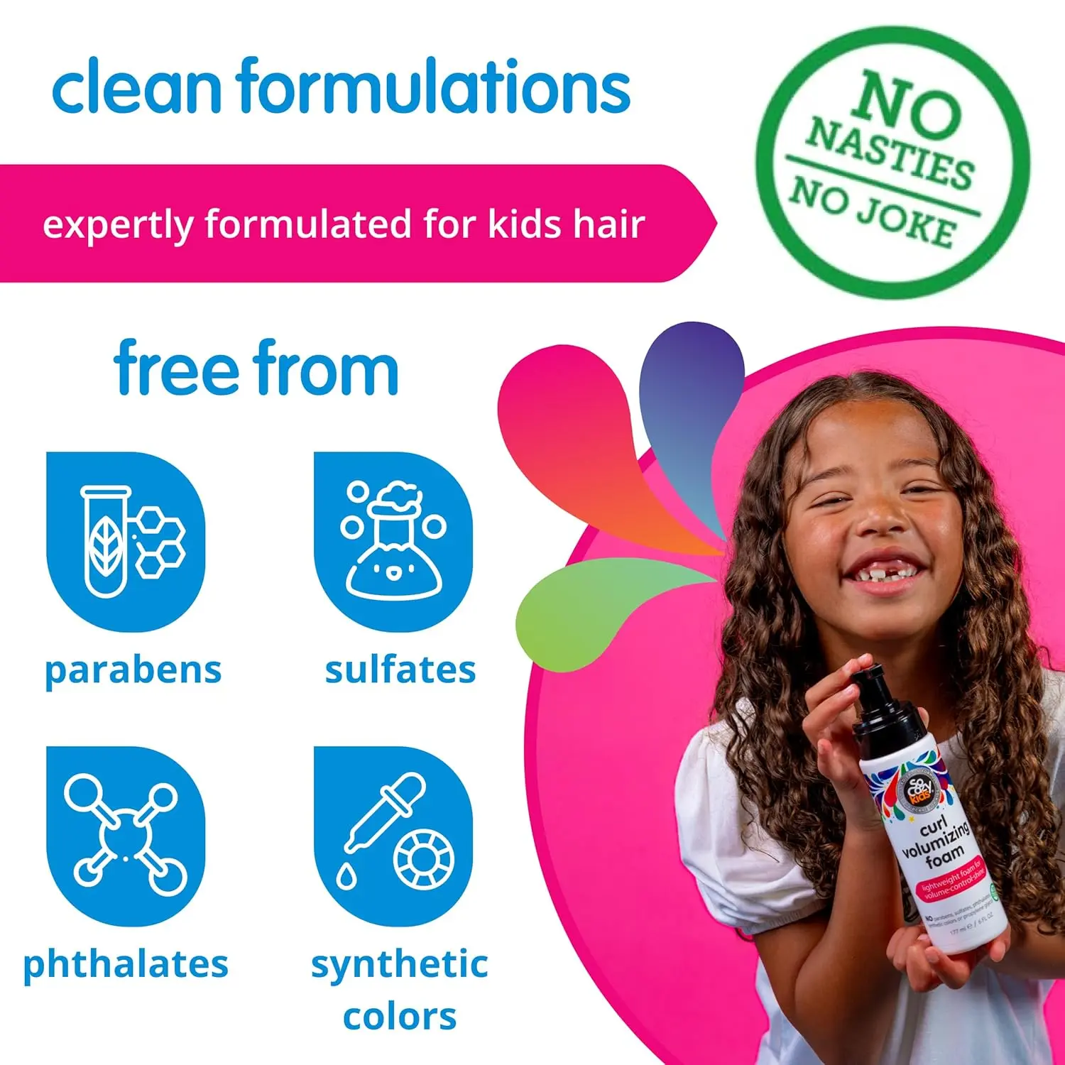 SoCozy curl volumizing foam provides lightweight control and conditioning for kid's curls, made with a salon formula free from nasty ingredients.