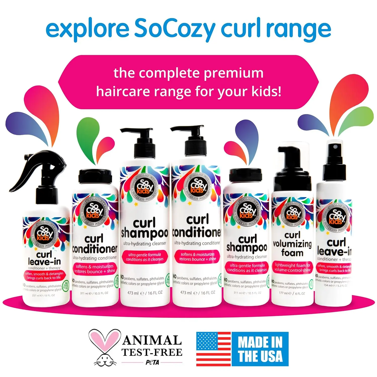 SoCozy curl volumizing foam provides lightweight control and conditioning for kid's curls, made with a salon formula free from nasty ingredients.