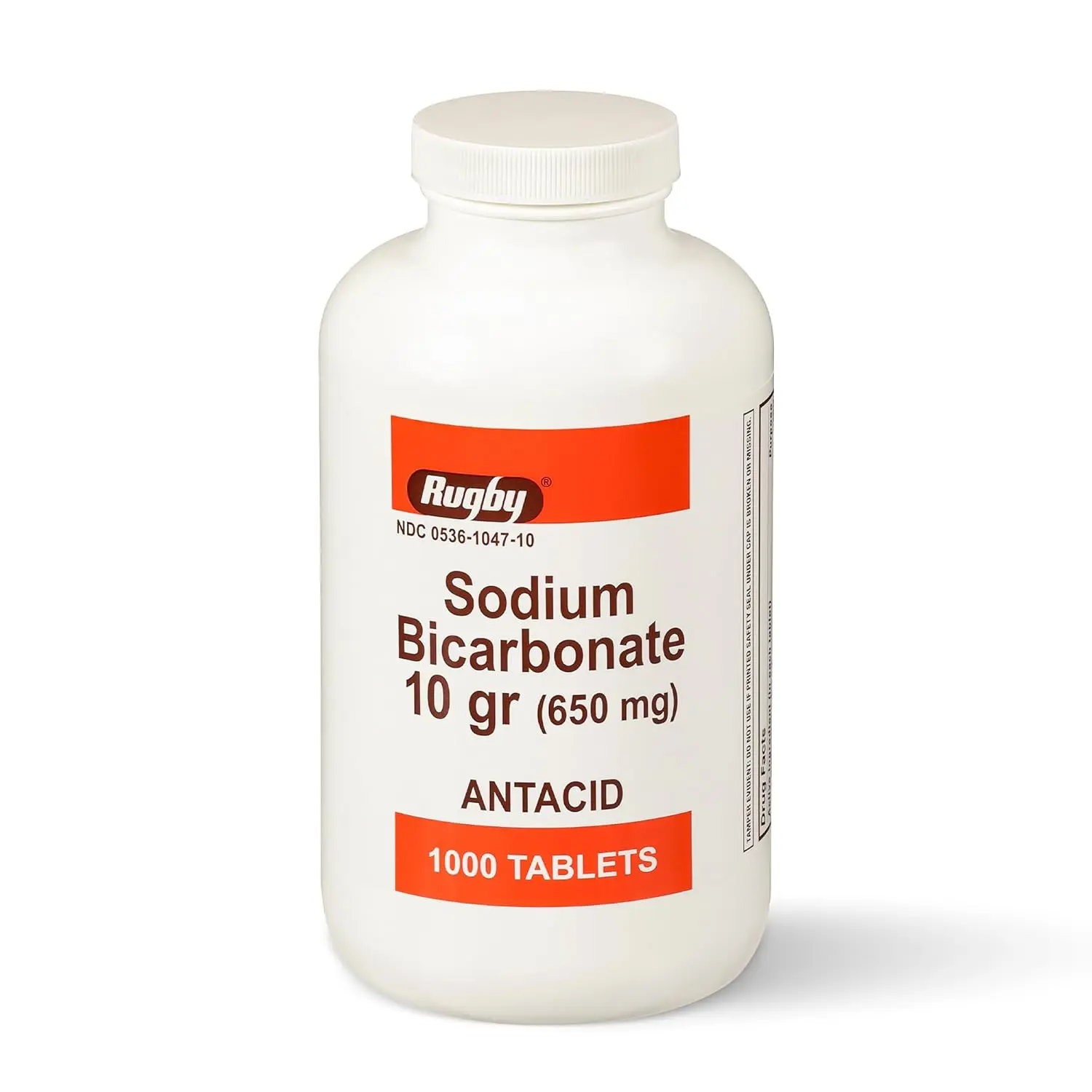 A bottle of 1000 sugar-free and alcohol-free Rugby Laboratories Sodium Bicarbonate antacid tablets provides heartburn relief in hygienic packaging.