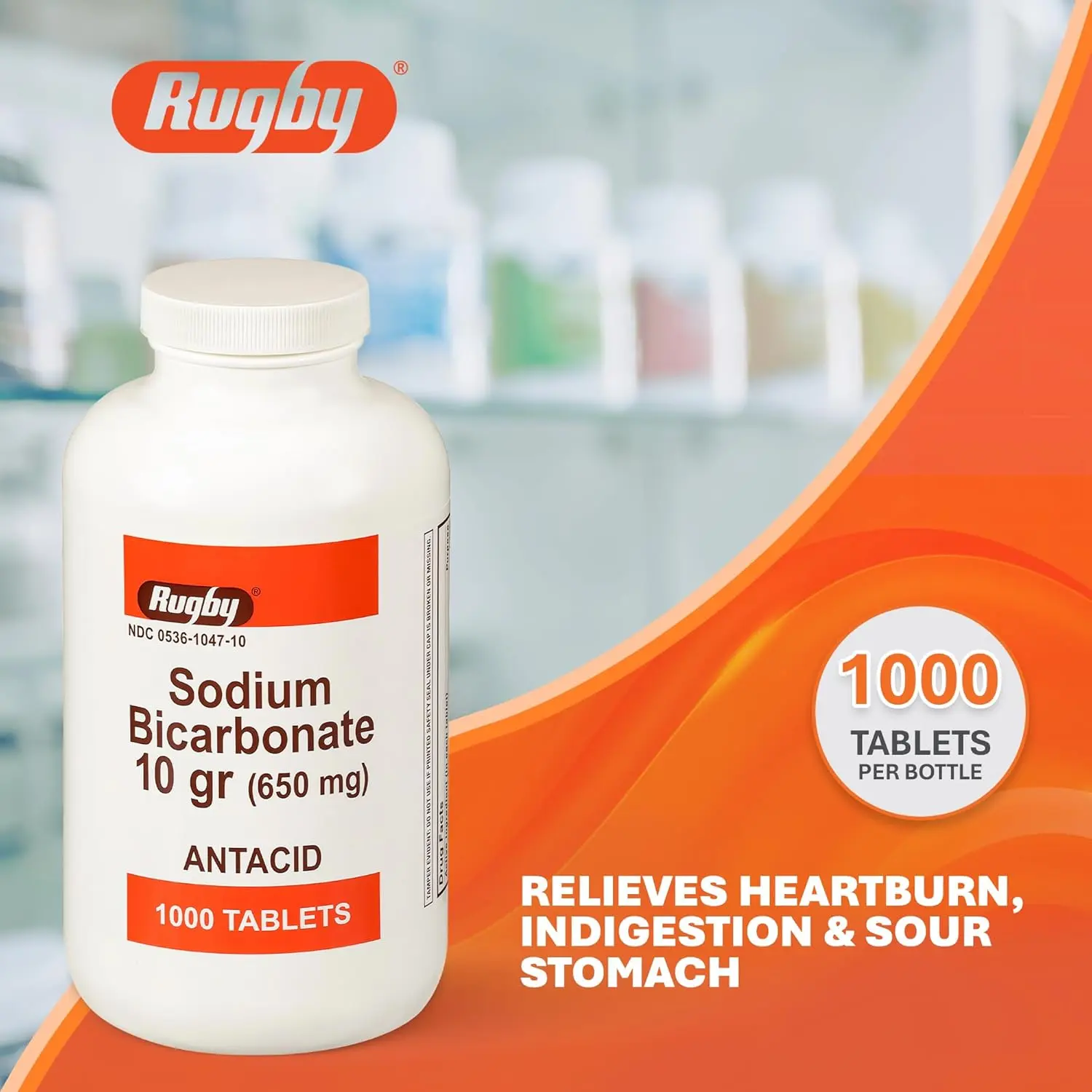 A bottle of 1000 sugar-free and alcohol-free Rugby Laboratories Sodium Bicarbonate antacid tablets provides heartburn relief in hygienic packaging.