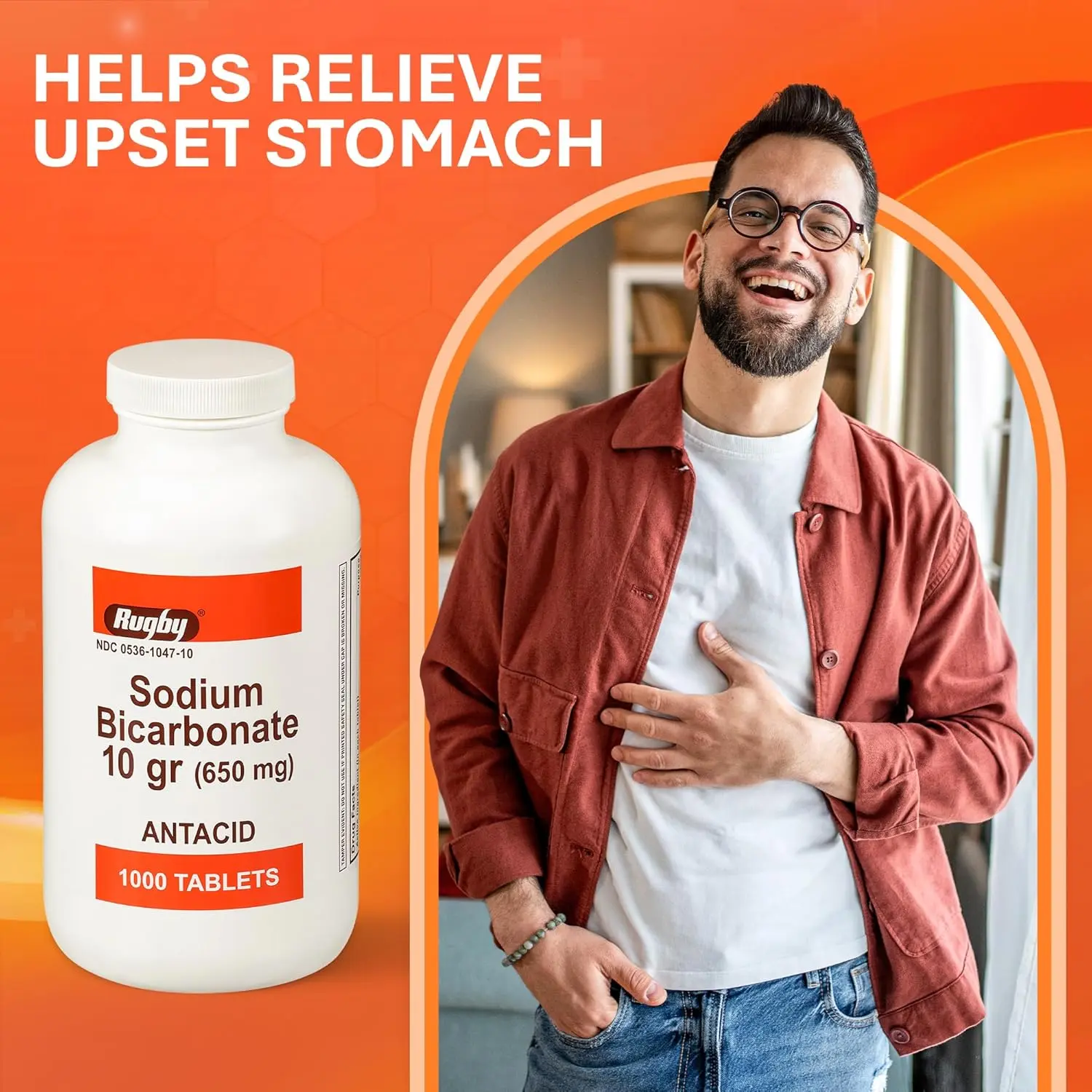 A bottle of 1000 sugar-free and alcohol-free Rugby Laboratories Sodium Bicarbonate antacid tablets provides heartburn relief in hygienic packaging.