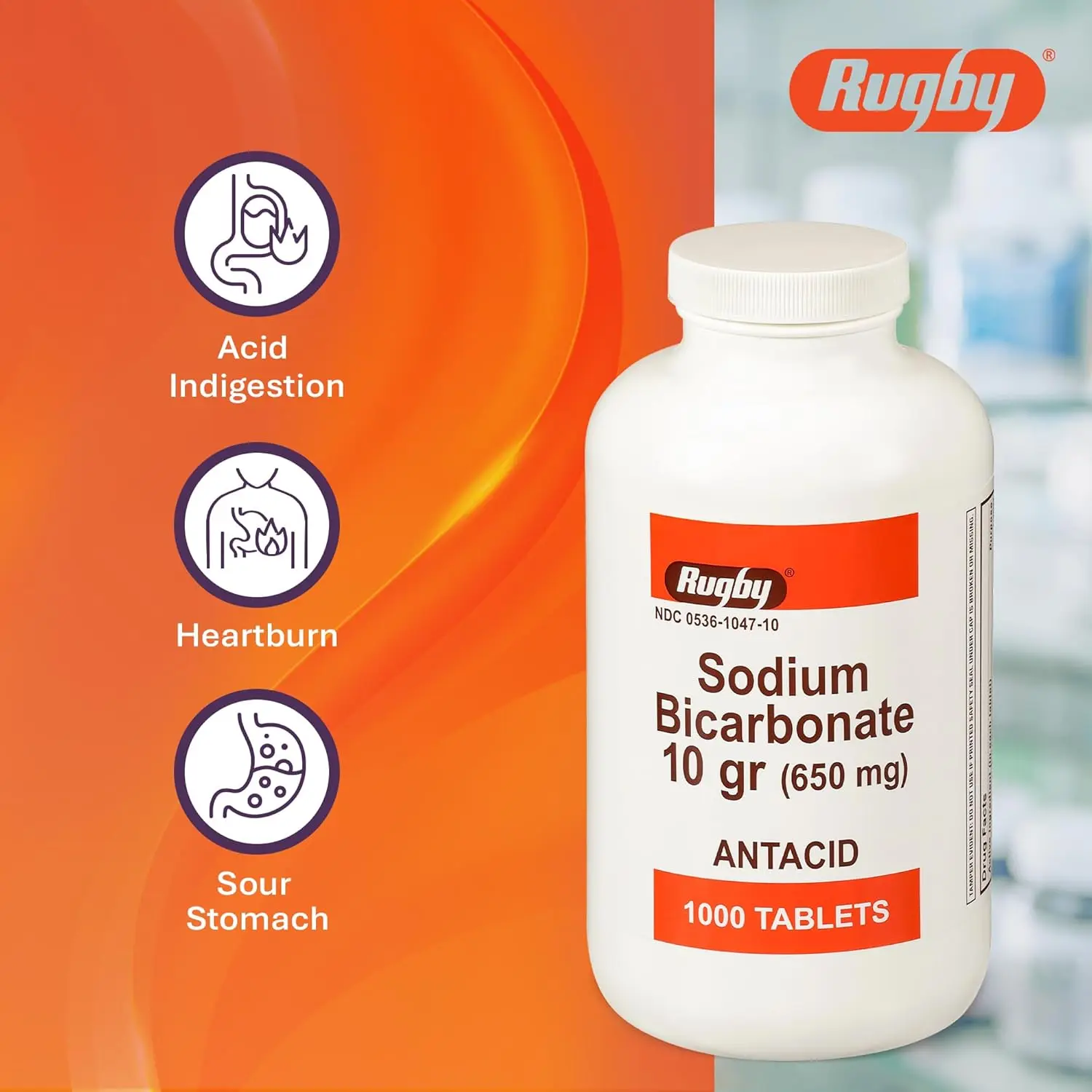 A bottle of 1000 sugar-free and alcohol-free Rugby Laboratories Sodium Bicarbonate antacid tablets provides heartburn relief in hygienic packaging.