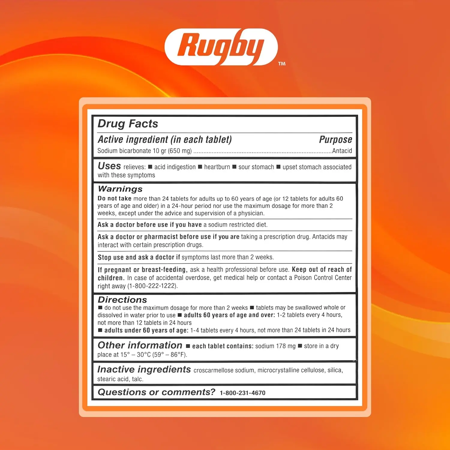 A bottle of 1000 sugar-free and alcohol-free Rugby Laboratories Sodium Bicarbonate antacid tablets provides heartburn relief in hygienic packaging.