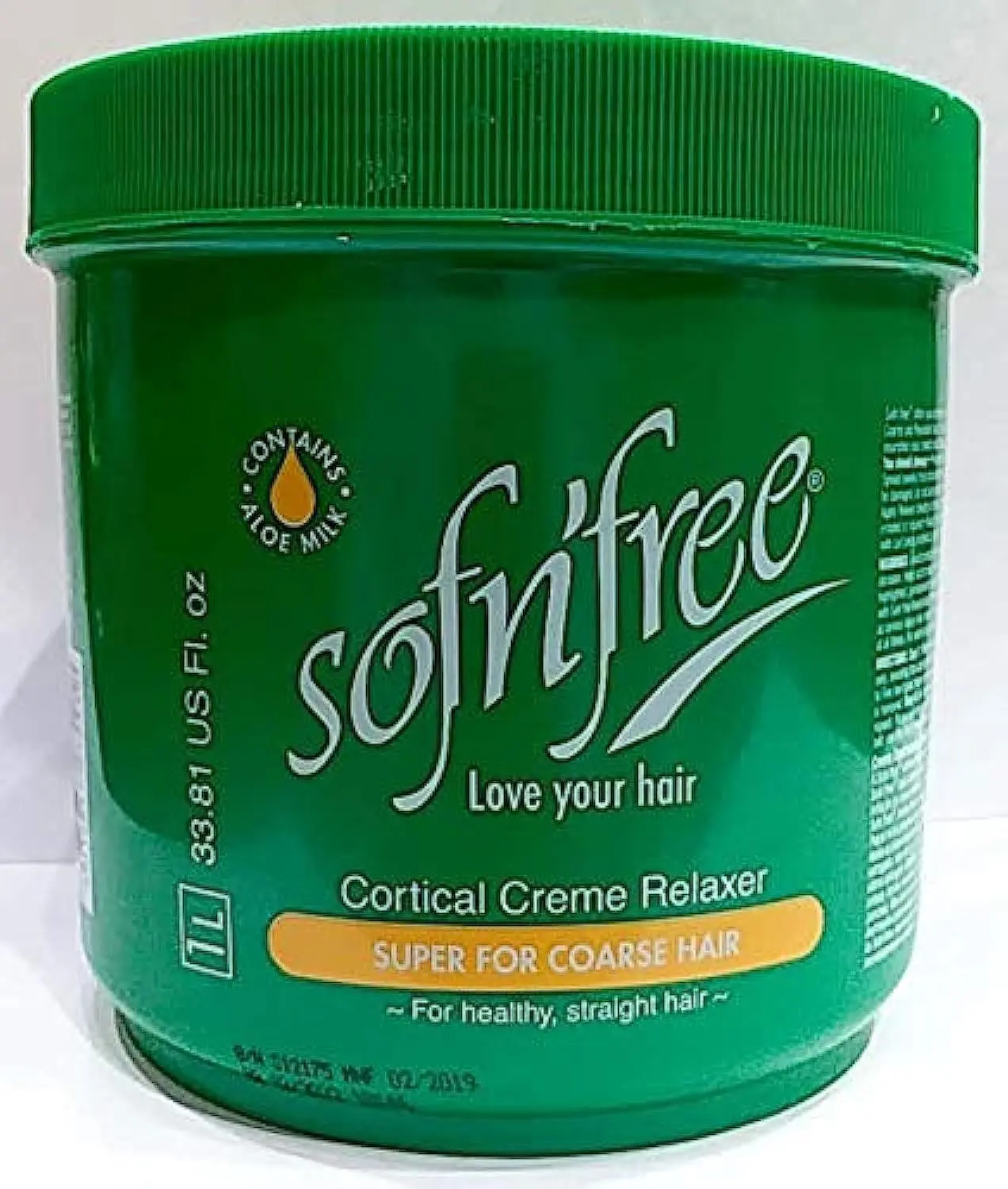 A jar of SOF N' FREE Super Cortical Creme Relaxer for relaxing all hair types.