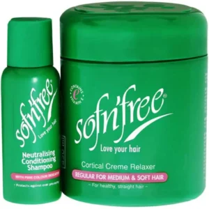 Sof N Free relaxer kit with neutralizing shampoo conditions and hydrates hair, safe for daily use.