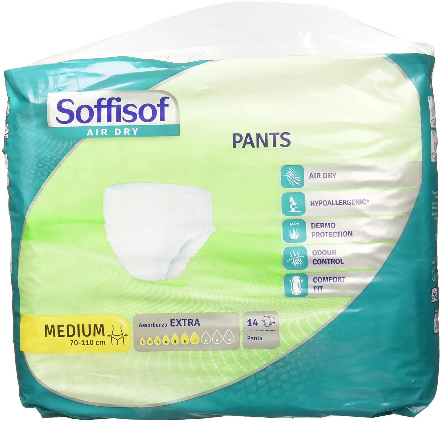 Soffisof pull up pants in medium size with 7 drops absorbency, air dry design, dermo protection comfort fit and odour control.