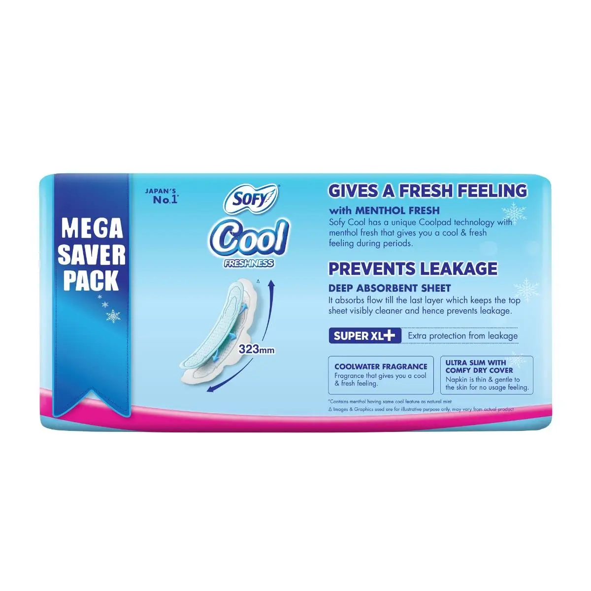 Sofy COOL Super XL sanitary pads with deep absorbent sheet providing extra protection from leakage and a cool water fragrance, ensuring a clean and fresh feeling.