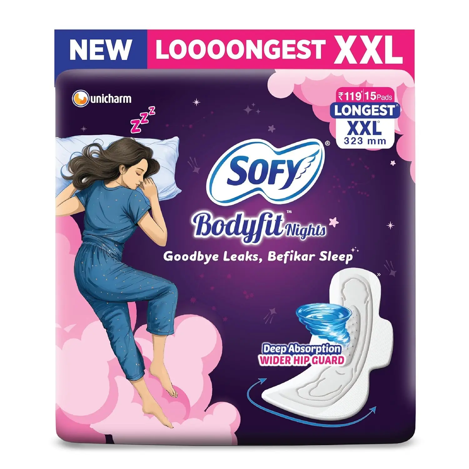 Experience a cool and irritation-free period with Sofy Cool Extra Long sanitary pads, featuring Japanese cool pad technology, a deep absorbent sheet, and a refreshing cool water fragrance, in this super value pack of 54.