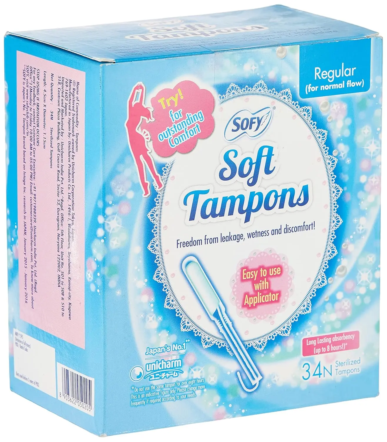 This is a box of Sofy Soft Tampons with regular absorbency, containing 34 tampons with applicators for easy, comfortable, and leak-free protection during your period.