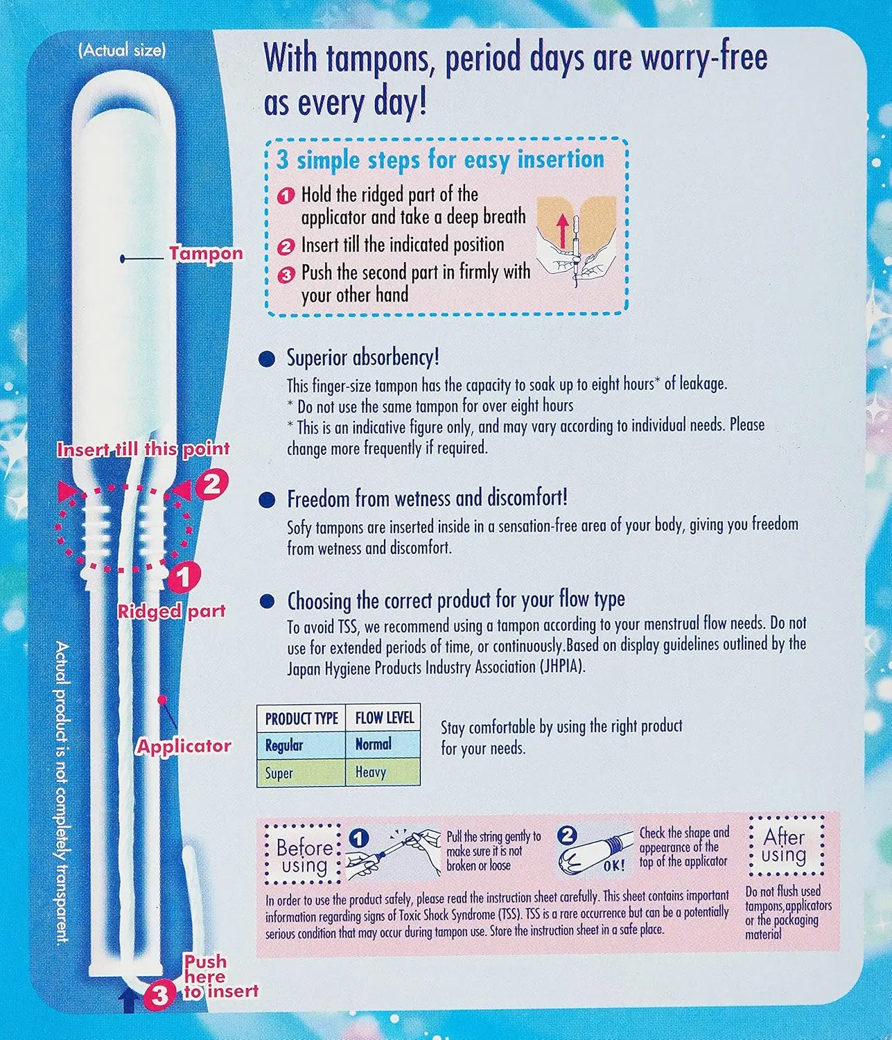 This is a box of Sofy Soft Tampons with regular absorbency, containing 34 tampons with applicators for easy, comfortable, and leak-free protection during your period.