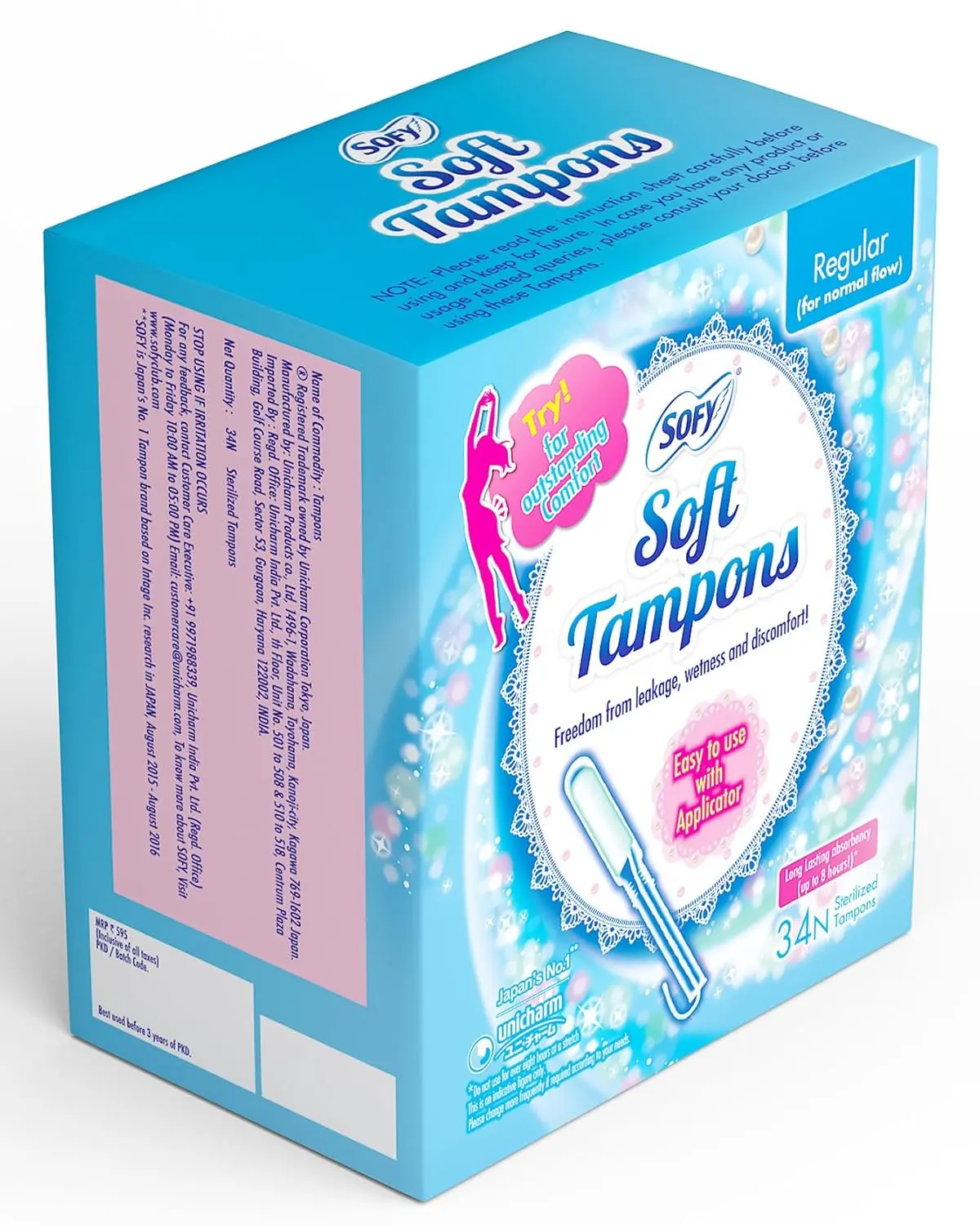 This is a box of Sofy Soft Tampons with regular absorbency, containing 34 tampons with applicators for easy, comfortable, and leak-free protection during your period.