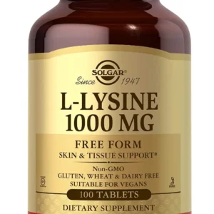 Bottle of Solgar L-Lysine 1000mg tablets, a vegan and gluten-free essential amino acid supplement for collagen production and healthy skin.