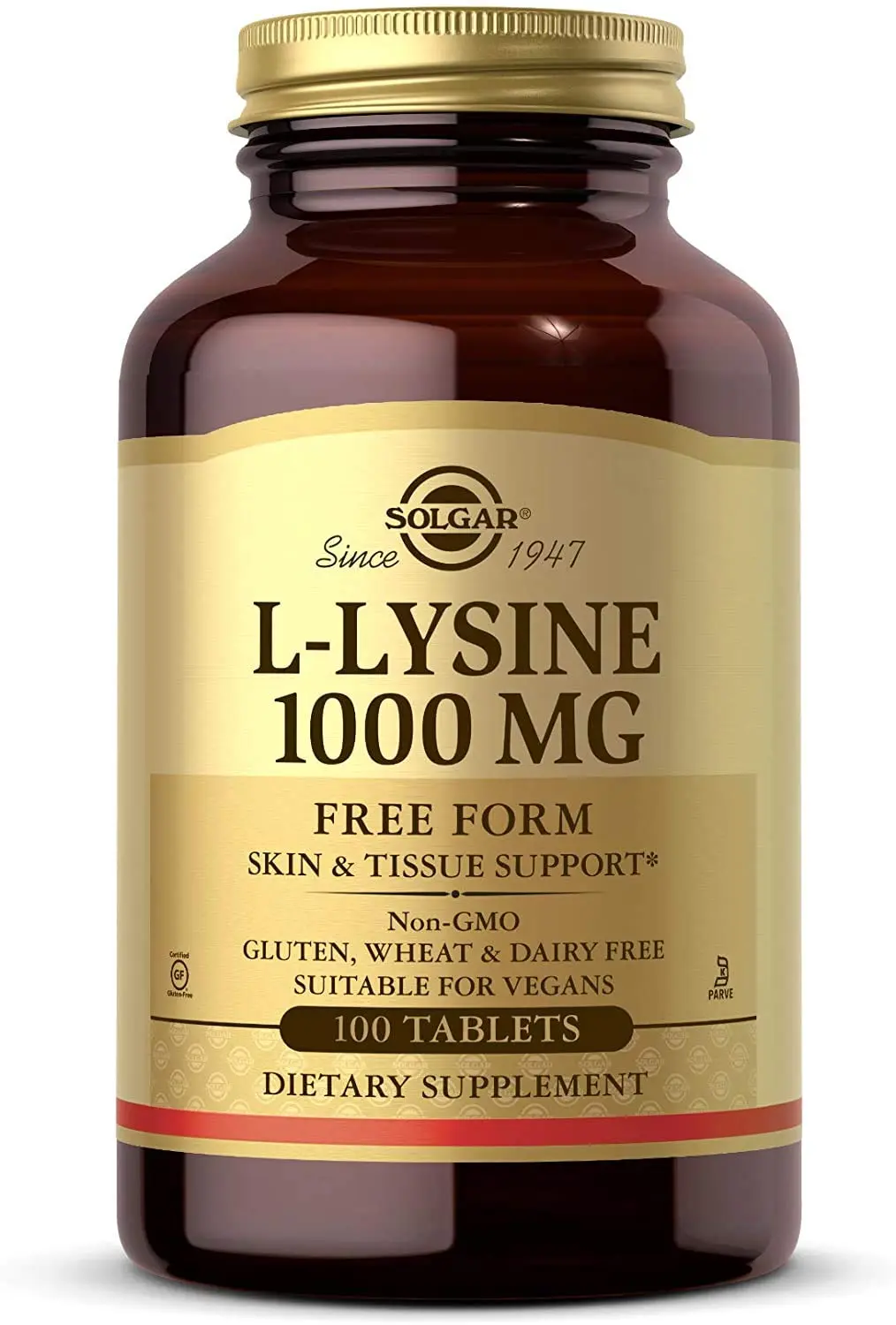 Bottle of Solgar L-Lysine 1000mg tablets, a vegan and gluten-free essential amino acid supplement for collagen production and healthy skin.