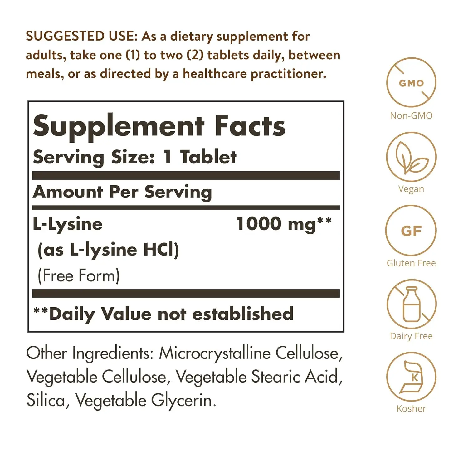 Bottle of Solgar L-Lysine 1000mg tablets, a vegan and gluten-free essential amino acid supplement for collagen production and healthy skin.