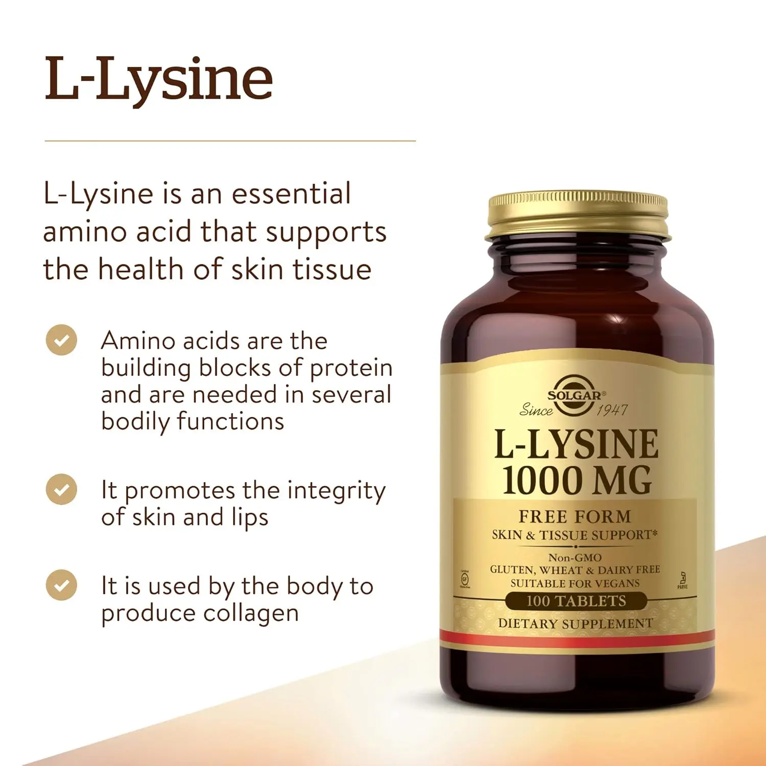 Bottle of Solgar L-Lysine 1000mg tablets, a vegan and gluten-free essential amino acid supplement for collagen production and healthy skin.