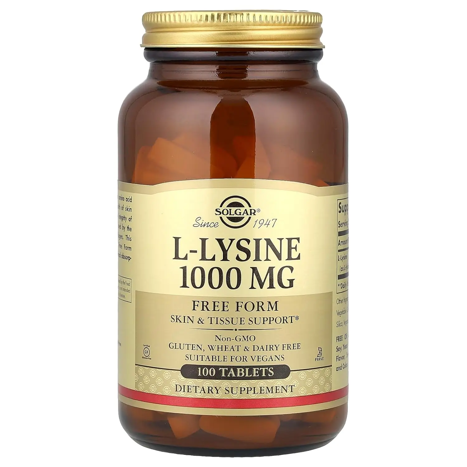 Bottle of Solgar L-Lysine 1000mg tablets, a vegan and gluten-free essential amino acid supplement for collagen production and healthy skin.
