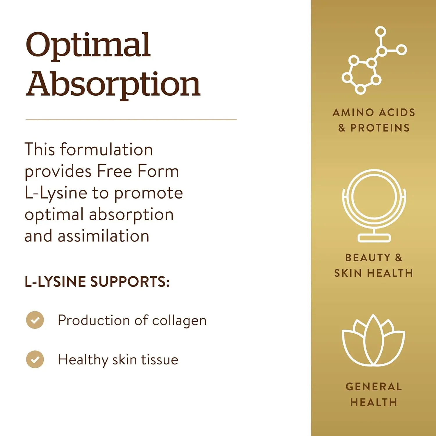 Bottle of Solgar L-Lysine 1000mg tablets, a vegan and gluten-free essential amino acid supplement for collagen production and healthy skin.