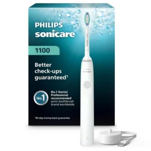The white Sonicare 1100 electric toothbrush is rechargeable and offers a two-minute SmarTimer for optimal brushing.