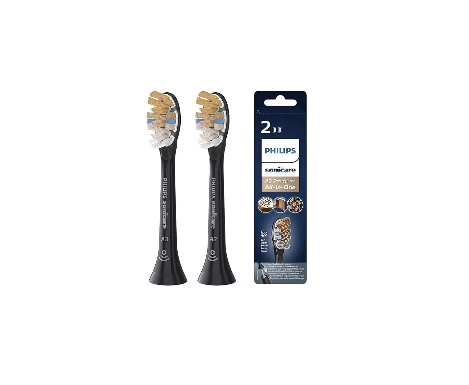 Two black Philips Sonicare HX9092/96 All-In-One brush heads designed for superior plaque removal, stain removal, and gum health, featuring angled bristles, triangular tips and extra-reach side bristles.