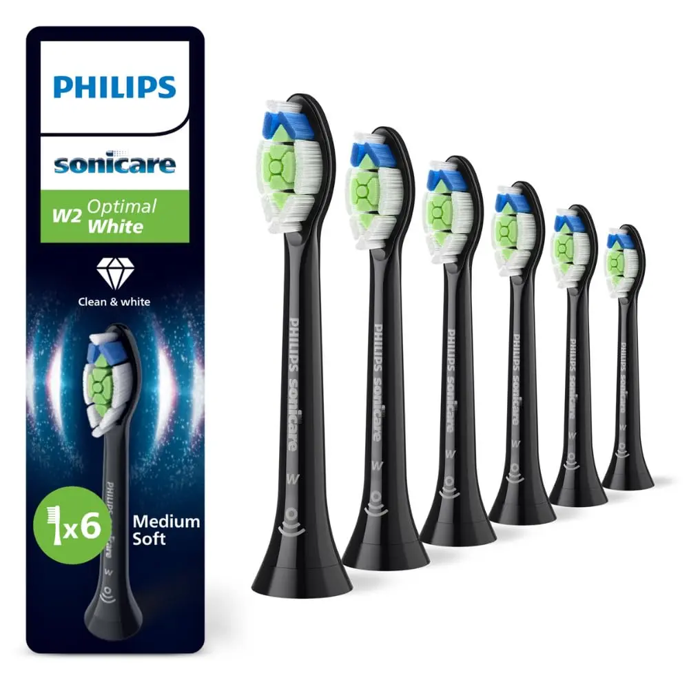 Two black Philips Sonicare HX9092/96 All-In-One brush heads designed for superior plaque removal, stain removal, and gum health, featuring angled bristles, triangular tips and extra-reach side bristles.