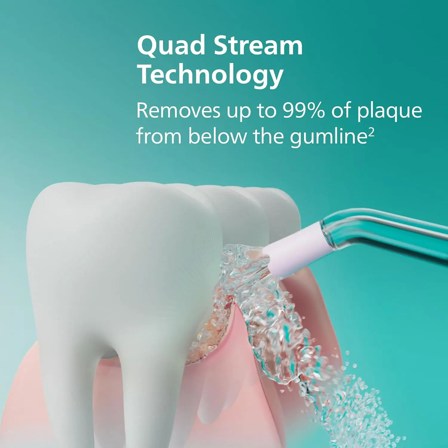 Black SONICARE cordless power flosser featuring quad stream technology for effective cleaning between teeth and along the gumline, complete with charging cable and nozzle attachments.