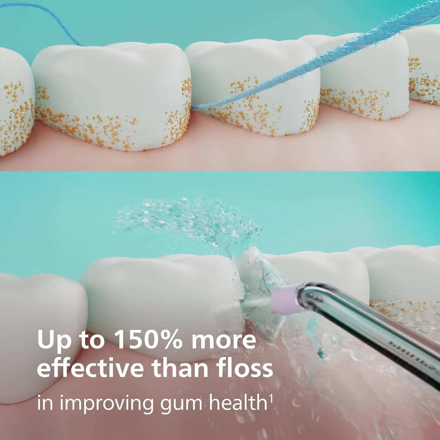 Black SONICARE cordless power flosser featuring quad stream technology for effective cleaning between teeth and along the gumline, complete with charging cable and nozzle attachments.