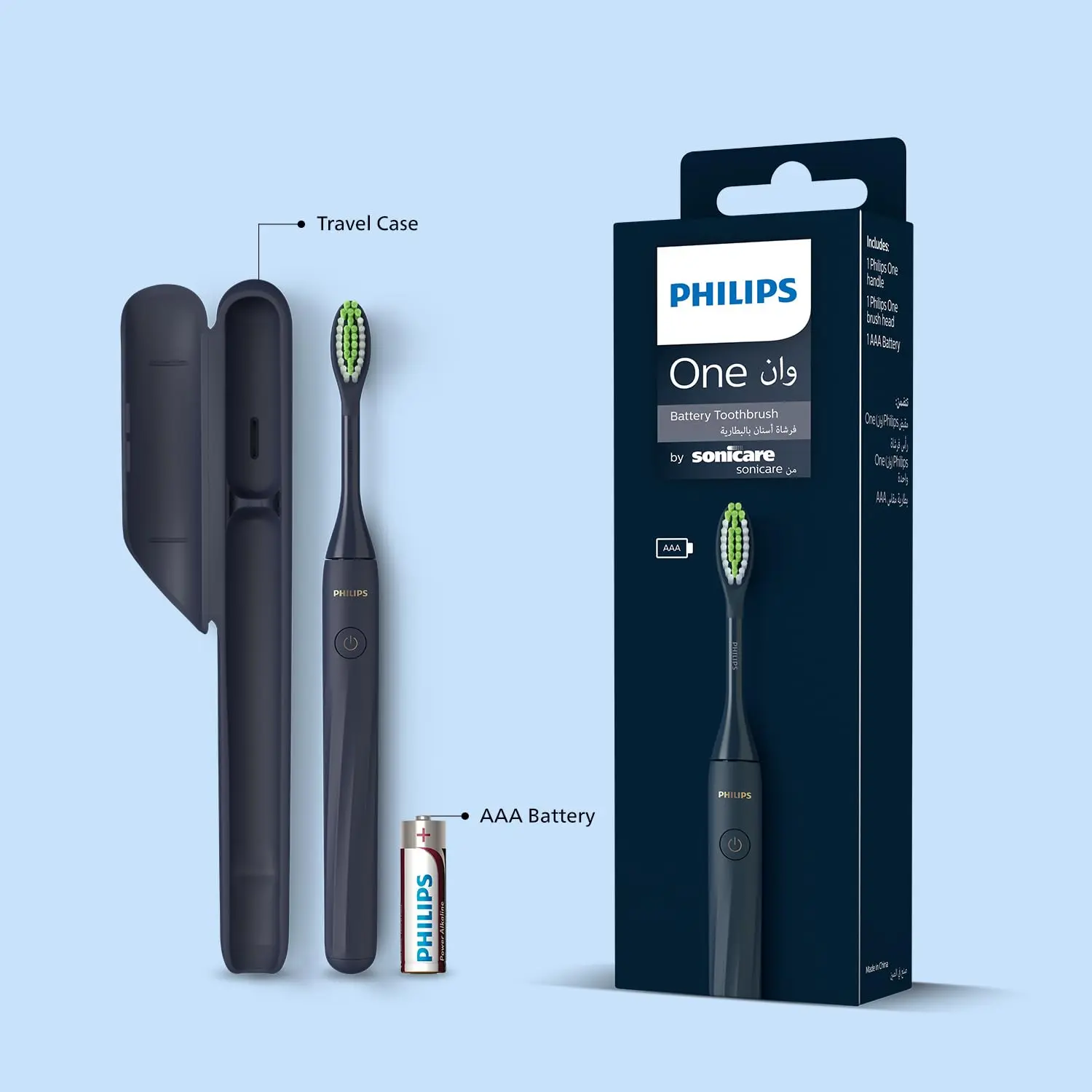 The Philips Sonicare One Midnight Blue battery toothbrush offers micro-vibrations and a two-minute timer for a brighter smile on the go, complete with a travel case.