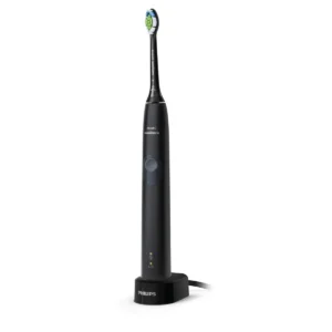 Black Philips Sonicare ProtectiveClean toothbrush with W2 Optimal White brush head for removing surface stains and improving dental health.