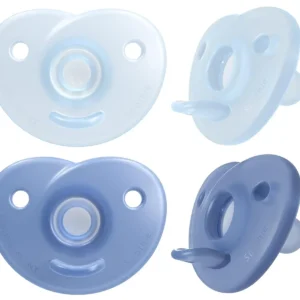 The Philips AVENT Soothie heart-shaped pacifier, in blue and light blue, is a safe and comfortable choice for newborns aged 0-3 months, trusted by hospitals and made from BPA-free silicone.