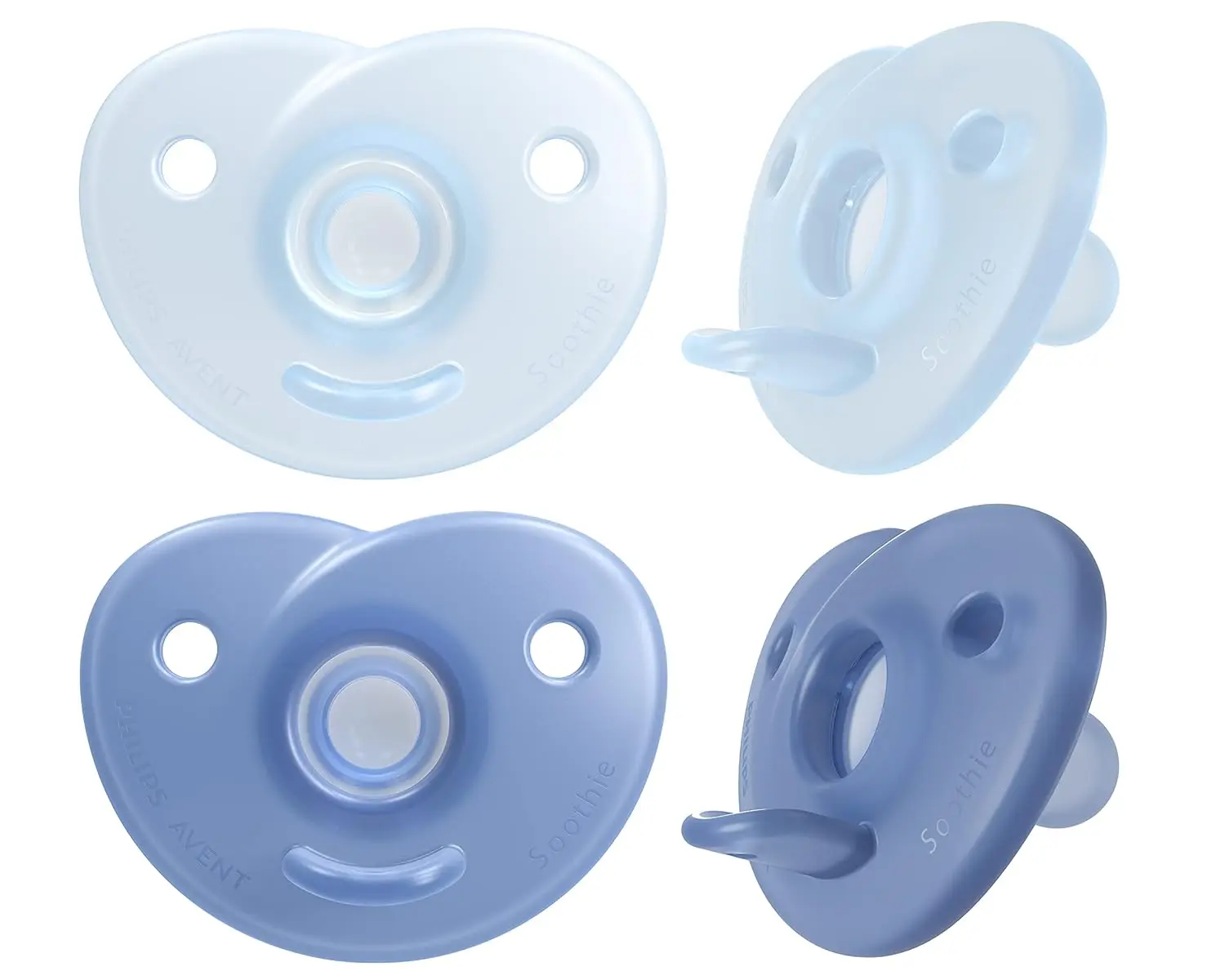 The Philips AVENT Soothie heart-shaped pacifier, in blue and light blue, is a safe and comfortable choice for newborns aged 0-3 months, trusted by hospitals and made from BPA-free silicone.