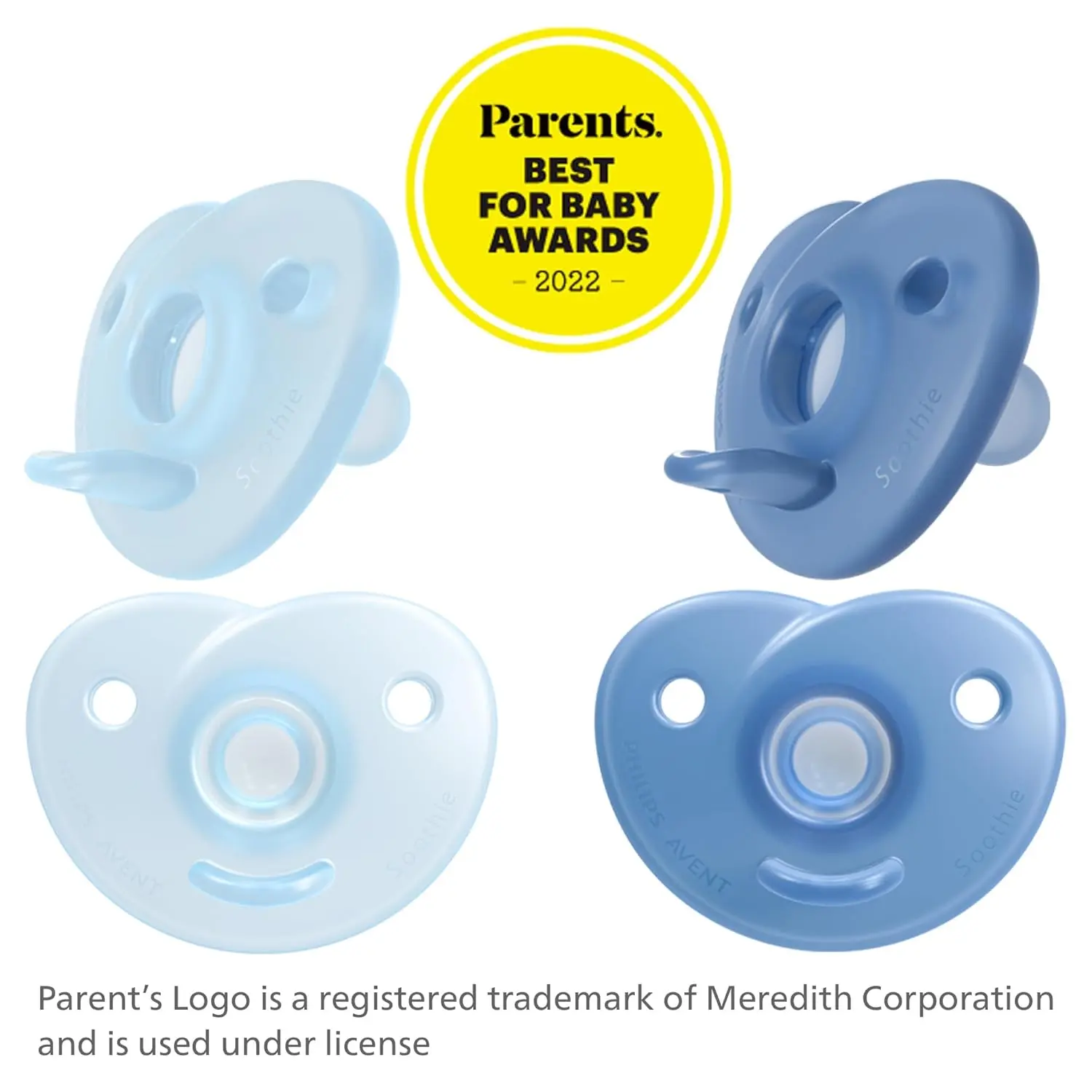 The Philips AVENT Soothie heart-shaped pacifier, in blue and light blue, is a safe and comfortable choice for newborns aged 0-3 months, trusted by hospitals and made from BPA-free silicone.