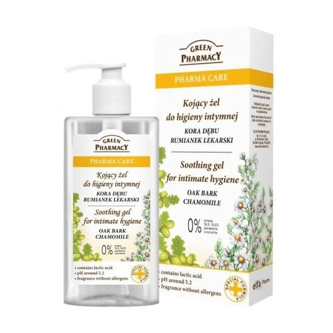 Bottle of soothing intimate hygiene gel with oak bark and chamomile extract to calm itching, burning and irritations.