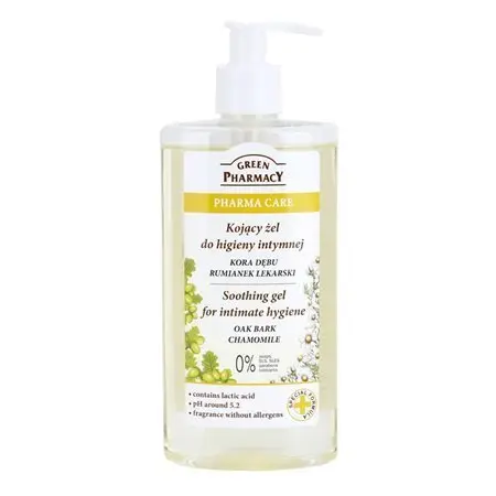 Bottle of soothing intimate hygiene gel with oak bark and chamomile extract to calm itching, burning and irritations.