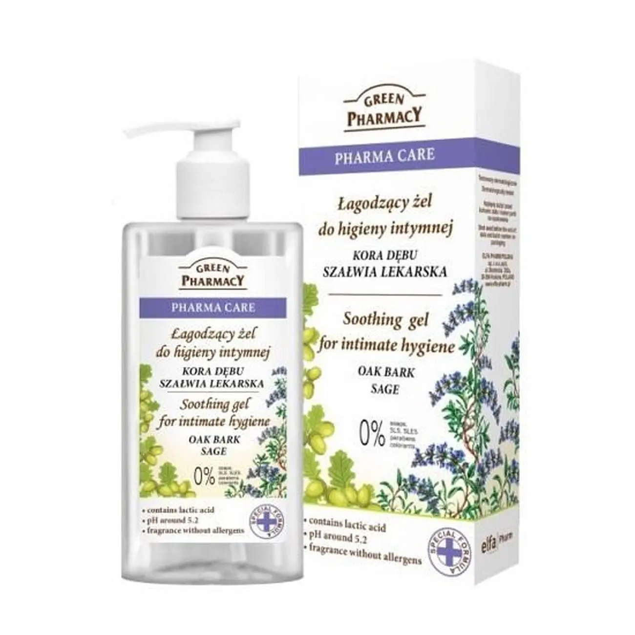 Bottle of soothing intimate hygiene gel with oak bark and chamomile extract to calm itching, burning and irritations.