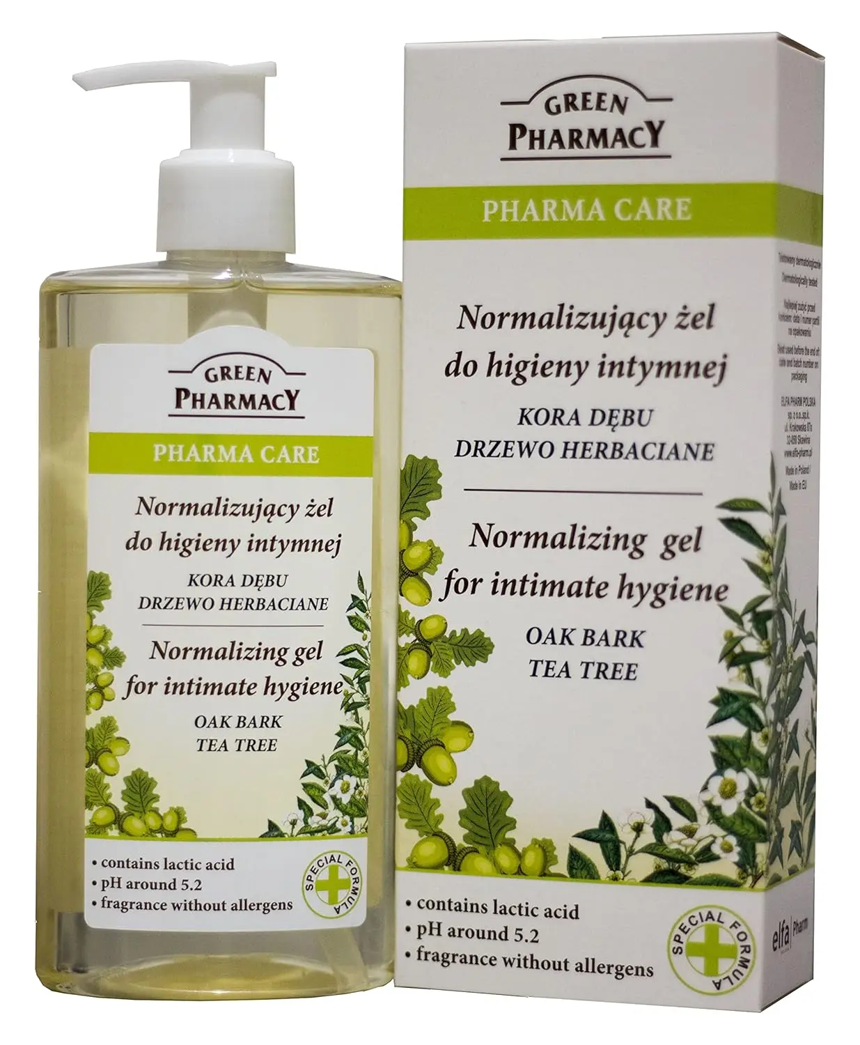 Bottle of soothing intimate hygiene gel with oak bark and chamomile extract to calm itching, burning and irritations.