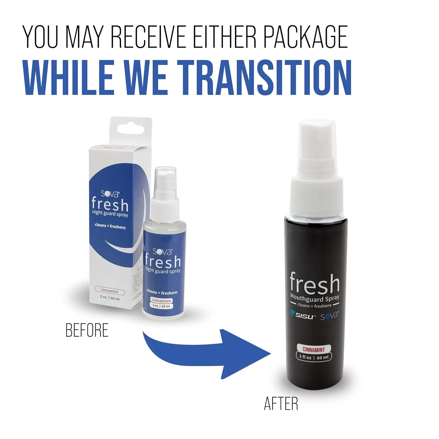 SOVA Fresh night guard spray in cinnamint flavor, designed to clean and freshen your mouthguard.