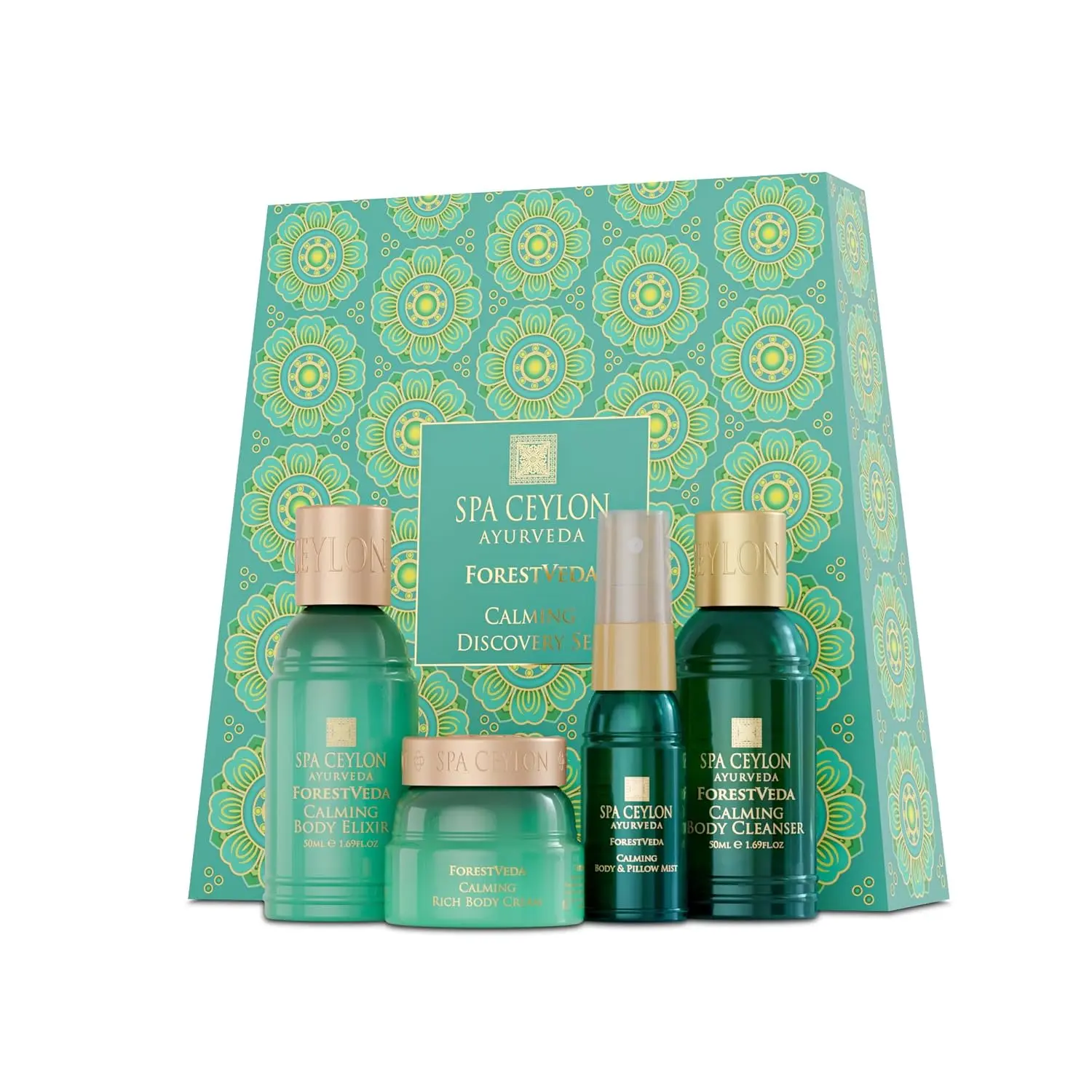 This SPA CEYLON ForestVeda Calming Discovery Set includes travel-sized body cleanser, body elixir, body cream, and pillow mist for a relaxing, spa-like self-care ritual inspired by Ceylon's rainforests.