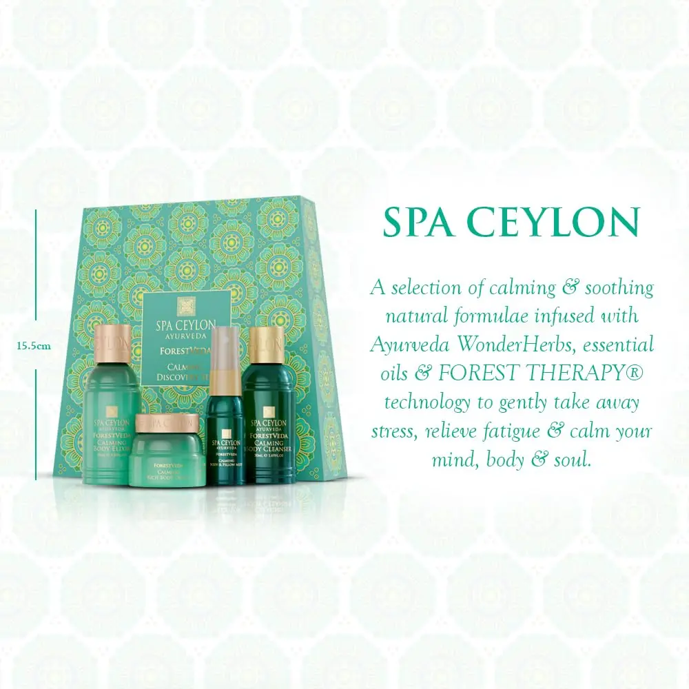 This SPA CEYLON ForestVeda Calming Discovery Set includes travel-sized body cleanser, body elixir, body cream, and pillow mist for a relaxing, spa-like self-care ritual inspired by Ceylon's rainforests.