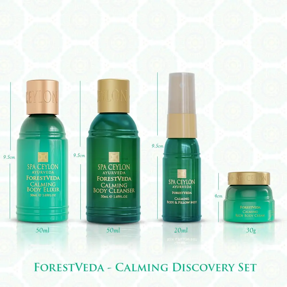 This SPA CEYLON ForestVeda Calming Discovery Set includes travel-sized body cleanser, body elixir, body cream, and pillow mist for a relaxing, spa-like self-care ritual inspired by Ceylon's rainforests.