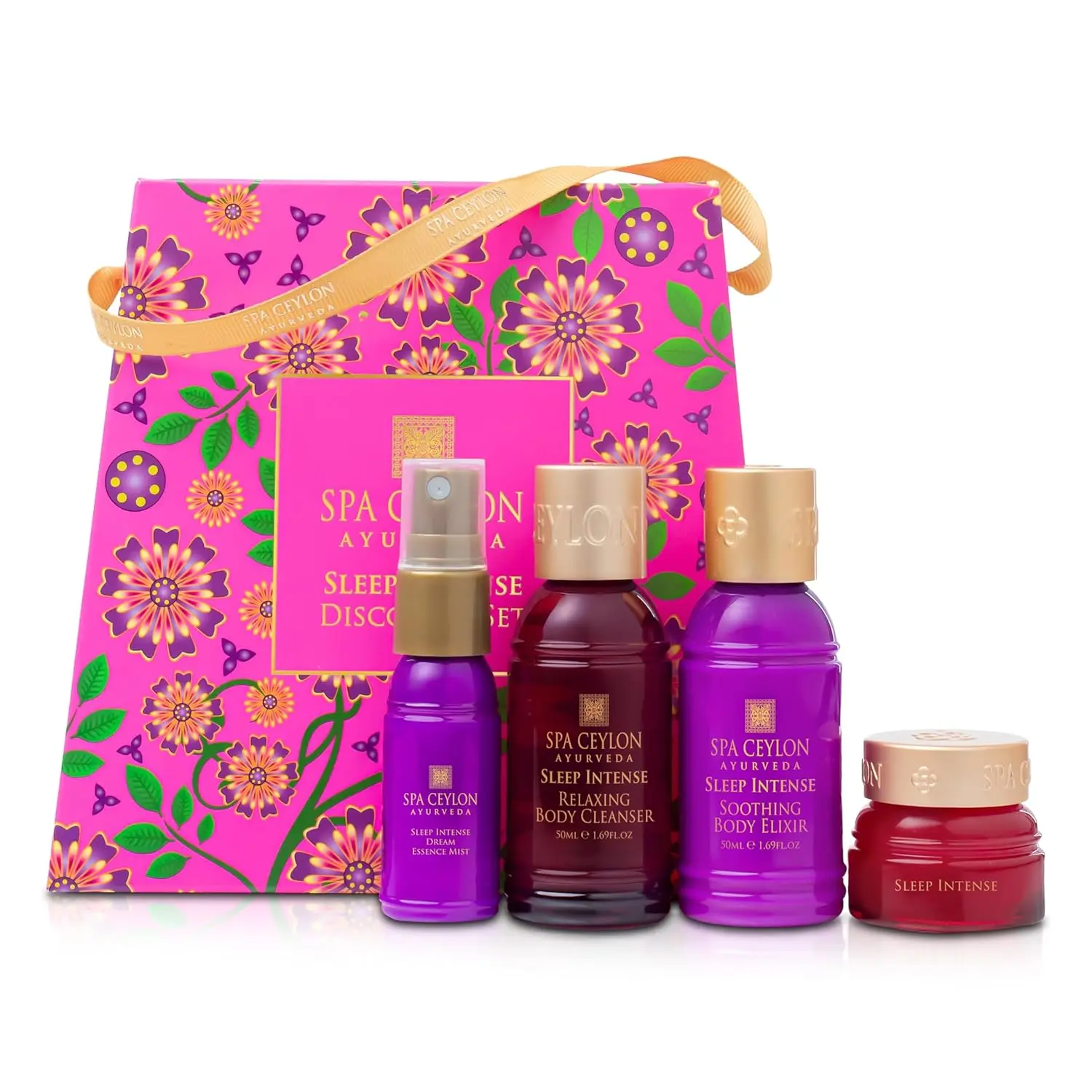 This SPA CEYLON ForestVeda Calming Discovery Set includes travel-sized body cleanser, body elixir, body cream, and pillow mist for a relaxing, spa-like self-care ritual inspired by Ceylon's rainforests.
