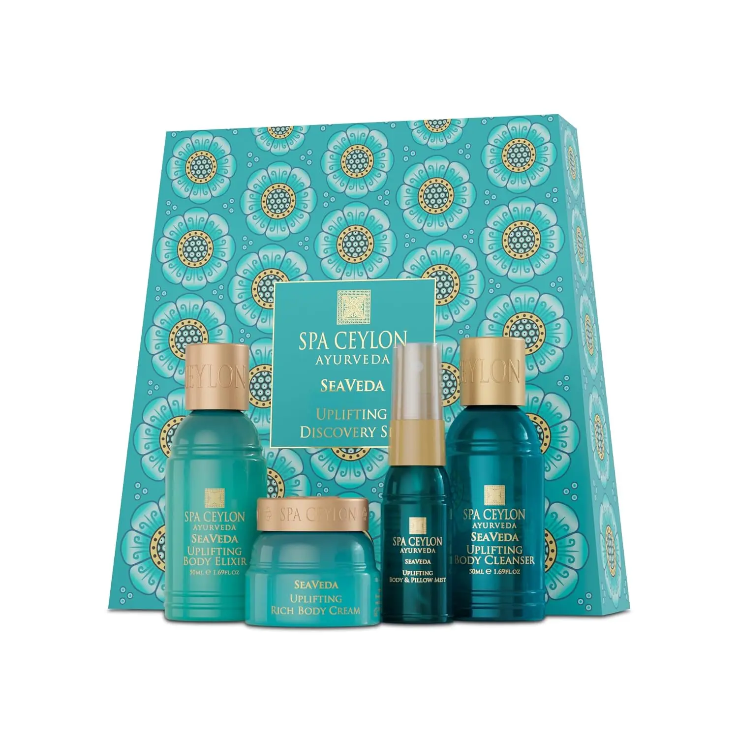 This SPA CEYLON SeaVeda Uplifting Discovery Set features four travel-sized body care essentials infused with marine therapy and Ayurveda herbs, perfect for a relaxing and uplifting experience.