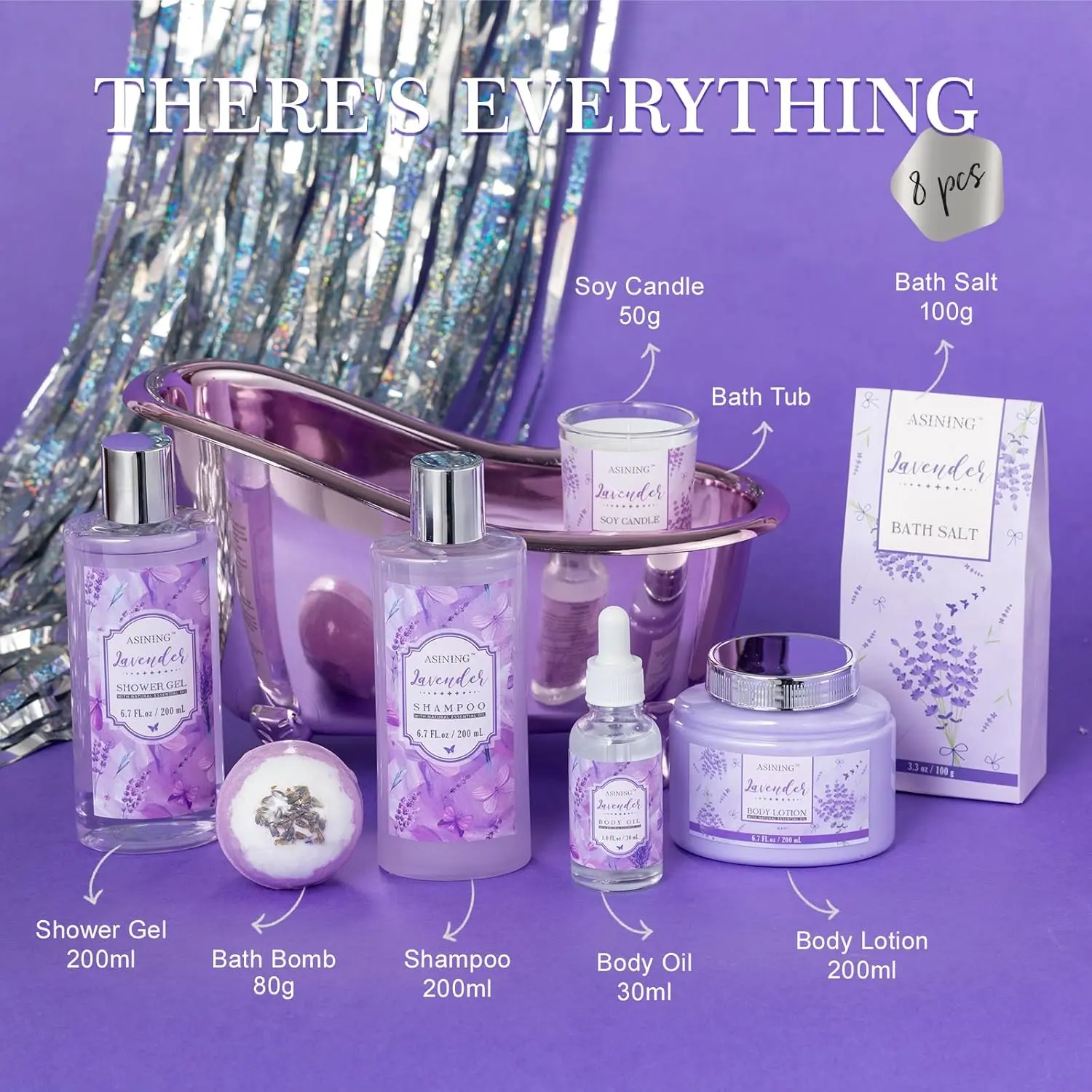 This spa gift basket for women includes lavender-scented bath and beauty essentials like shampoo, bath salts, a soy candle, and a decorative bathtub holder for a luxurious at-home spa experience.