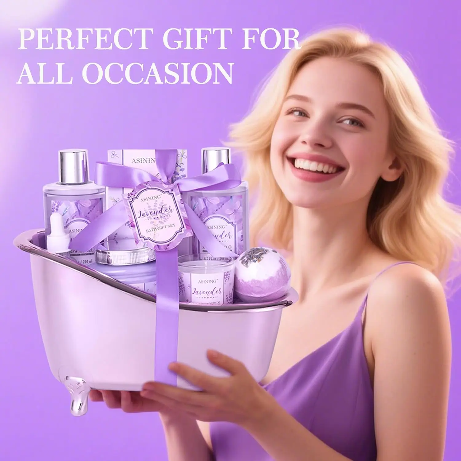 This spa gift basket for women includes lavender-scented bath and beauty essentials like shampoo, bath salts, a soy candle, and a decorative bathtub holder for a luxurious at-home spa experience.