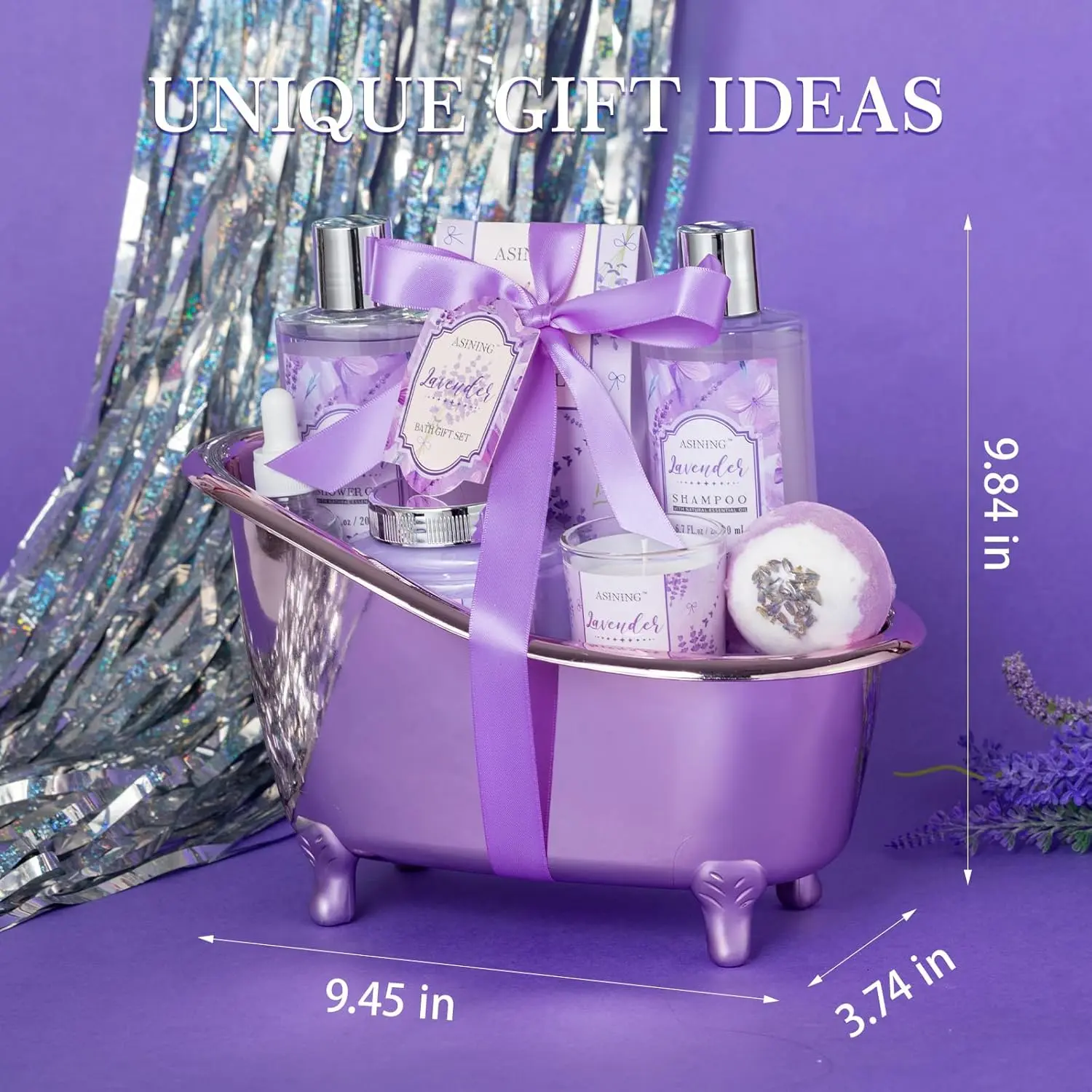 This spa gift basket for women includes lavender-scented bath and beauty essentials like shampoo, bath salts, a soy candle, and a decorative bathtub holder for a luxurious at-home spa experience.