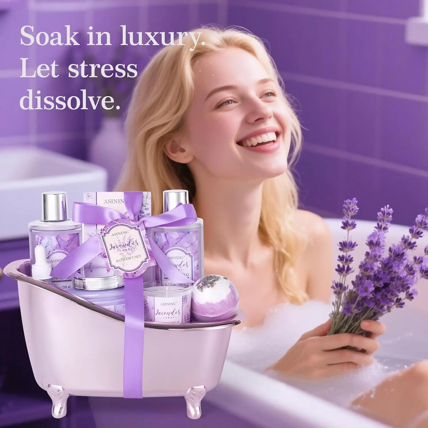 This spa gift basket for women includes lavender-scented bath and beauty essentials like shampoo, bath salts, a soy candle, and a decorative bathtub holder for a luxurious at-home spa experience.