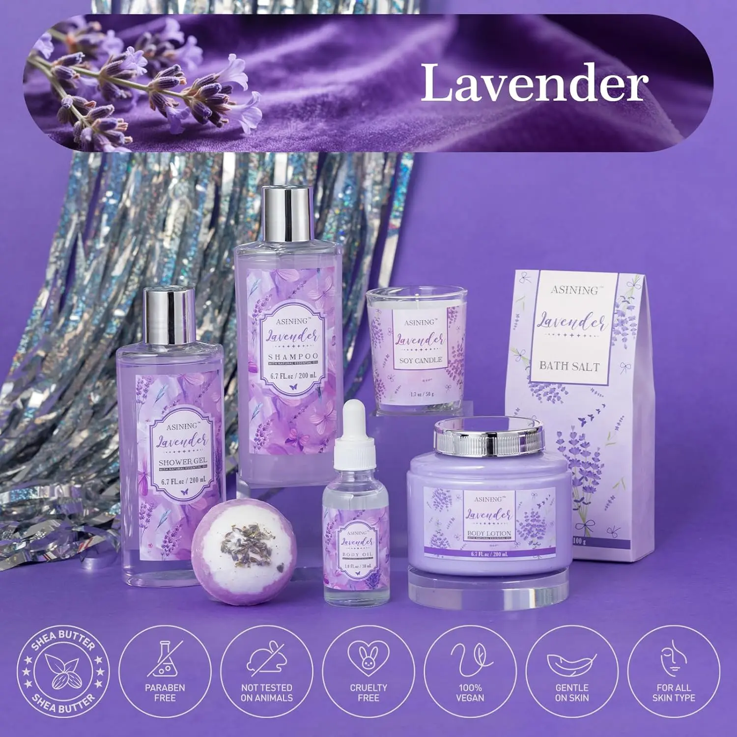 This spa gift basket for women includes lavender-scented bath and beauty essentials like shampoo, bath salts, a soy candle, and a decorative bathtub holder for a luxurious at-home spa experience.